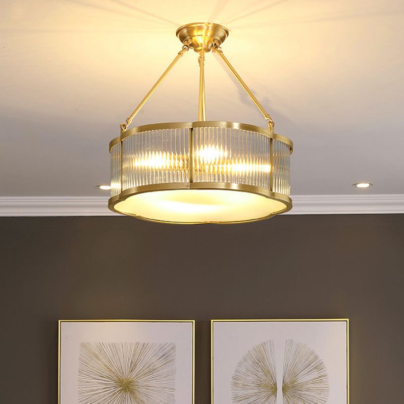 Gold Floral Hanging Lamp Traditional Clear Ribbed Glass Living Room Chandelier Light