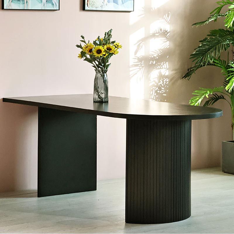 Simplicity Double Pedestal Dining Table Free Form Black Fixed Table with Wooden Top