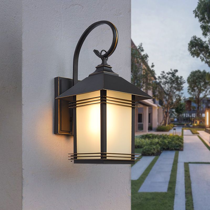 Black Lantern Wall Lamp Fixture Rustic Opaque Glass 1 Light Outdoor Wall Mounted Lighting