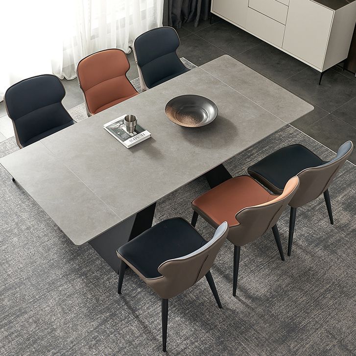 Rectangular Dining Table Modern Grey Stone Table Top with Black Metal Base