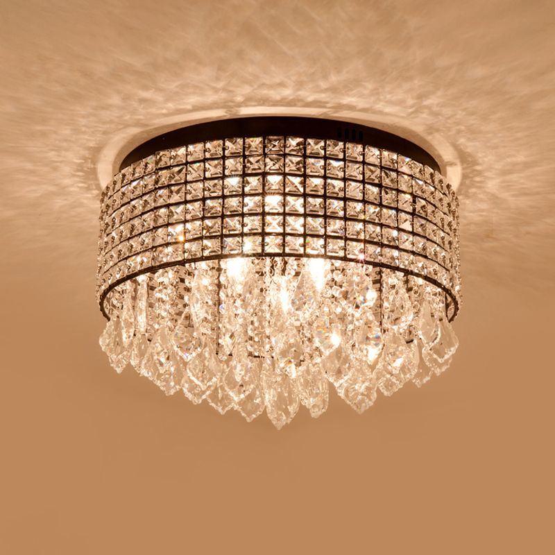 Black Drum Flushmount Lampada Moderna 5 Teste Crystal Embedded Flush Massimale Light Fixture con Droplet