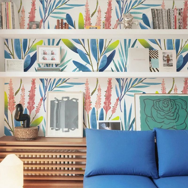 Papel tapiz floral de acuarela rústica, decoración de pared autoadhesiva temporal azul para sala de estar