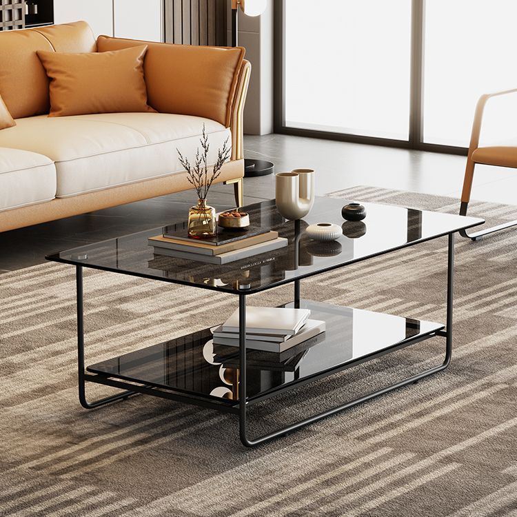 Modern Rectangle Glass Coffee Table 17.7"H Metal Sled Base Cocktail Table