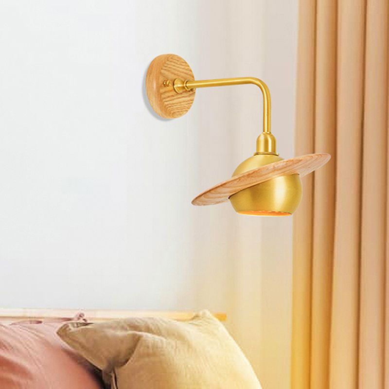 Wood Dome Wall Lighting Fixture Asian Single Head Metal Wall Mount Light for Bedroom