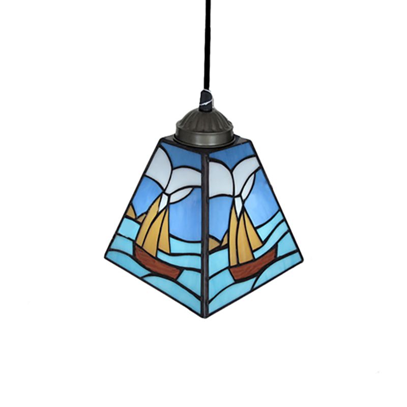 1-Light Dining Room Pendant Lighting Tiffany Blue Hanging Ceiling Light with Geometric/Boat Stained Glass Shade