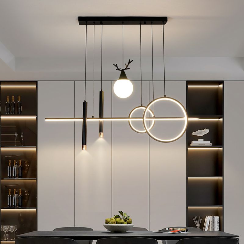 Black Geometric Island Lighting Simple Style Metal LED Pendant Light for Dining Room