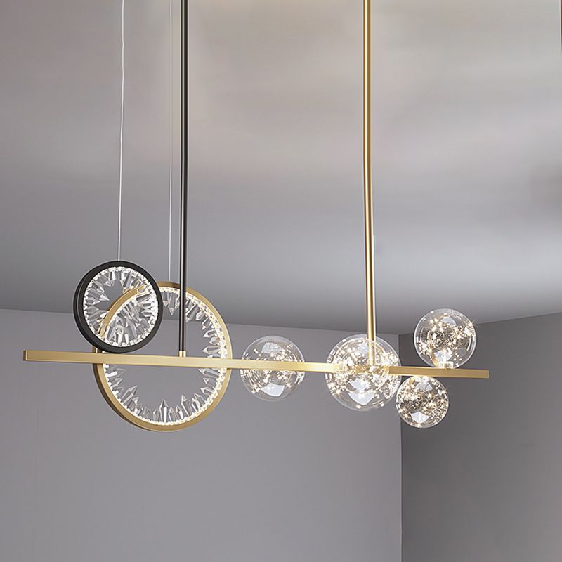 Glass Spherical Island Light Modern Gold LED Hanging Light with Crystal Accents