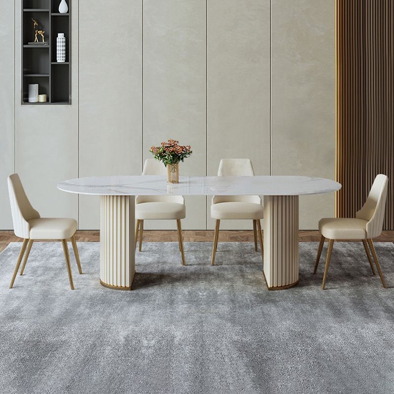 Contemporary White Oval DiningTable Sintered Stone Top Double Pedestal Table