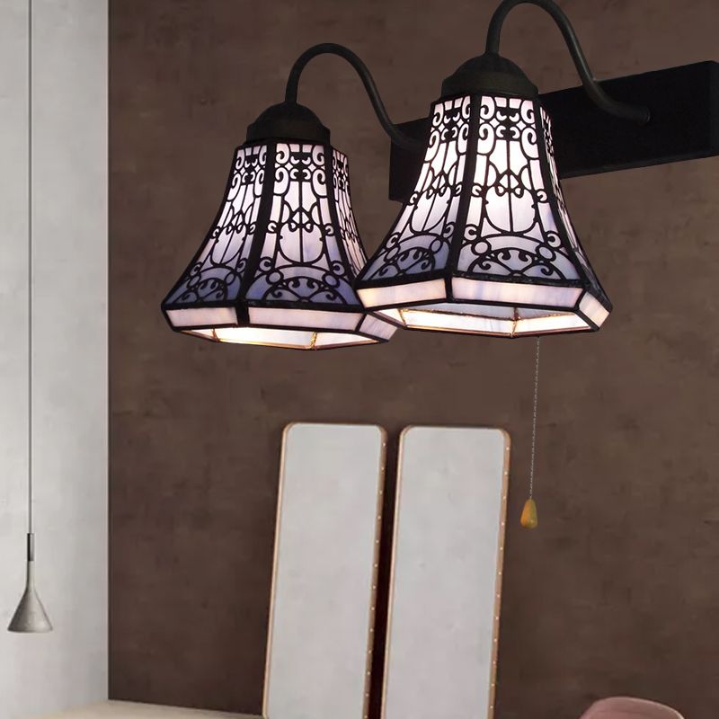 Blue Flared Wall Light Fixture Tiffany 2 Heads Stained Glass Sconce Lighting with Pull Chain Switch