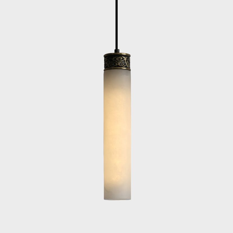 Cylinder Hanging Light Fixture Modern 1-Light White Suspension Lamp with Stone Shade