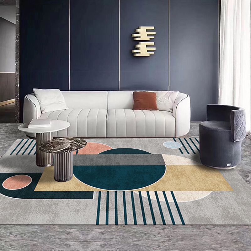 Multicolor Geometric Pattern Rug with Stripe Polyester Modern Rug Washable Anti-Slip Pet Friendly Area Rug for Living Room