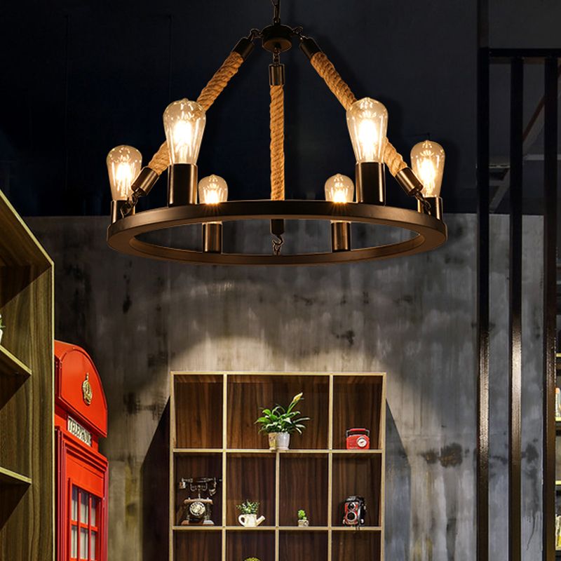 Open Bulb Metal Chandelier Light Fixture Industrial 6/8-Light Dining Room Rope Pendant Lamp in Black with Ring Design
