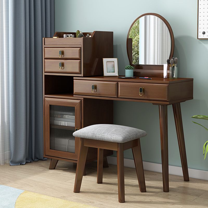 Wood Vanity Set with Stool and Mirror Scandinavian 4 Drawers Dresser