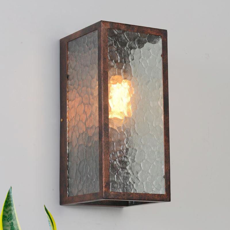 Rectangle Restaurant Sconce Lamp Clear Cracked Glass 1 Bulb Industrial Wall Lighting in Weathered Copper