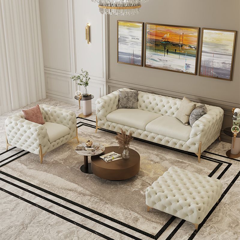 27.95"H Contemporary Glam Leather Beige Tuxedo Arm Sofa For Living Room