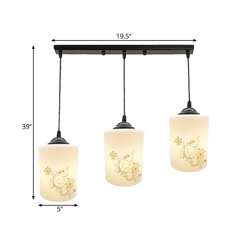 Cylinder Dining Room Multi Ceiling Light Modern White Printed Glass 3-Head Black Hanging Pendant with Linear/Round Canopy