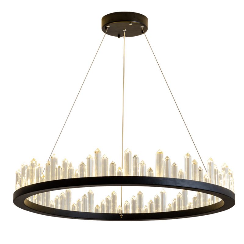 Black Circular LED Pendant Light in Modern Luxury Style Wrought Iron Hanging Lamp with Crystal Shade