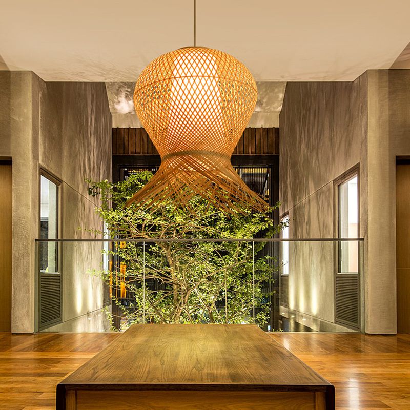 Beige Hand-Woven Pendant Chinese Style 1 Bulb Bamboo Hanging Light for Dining Table