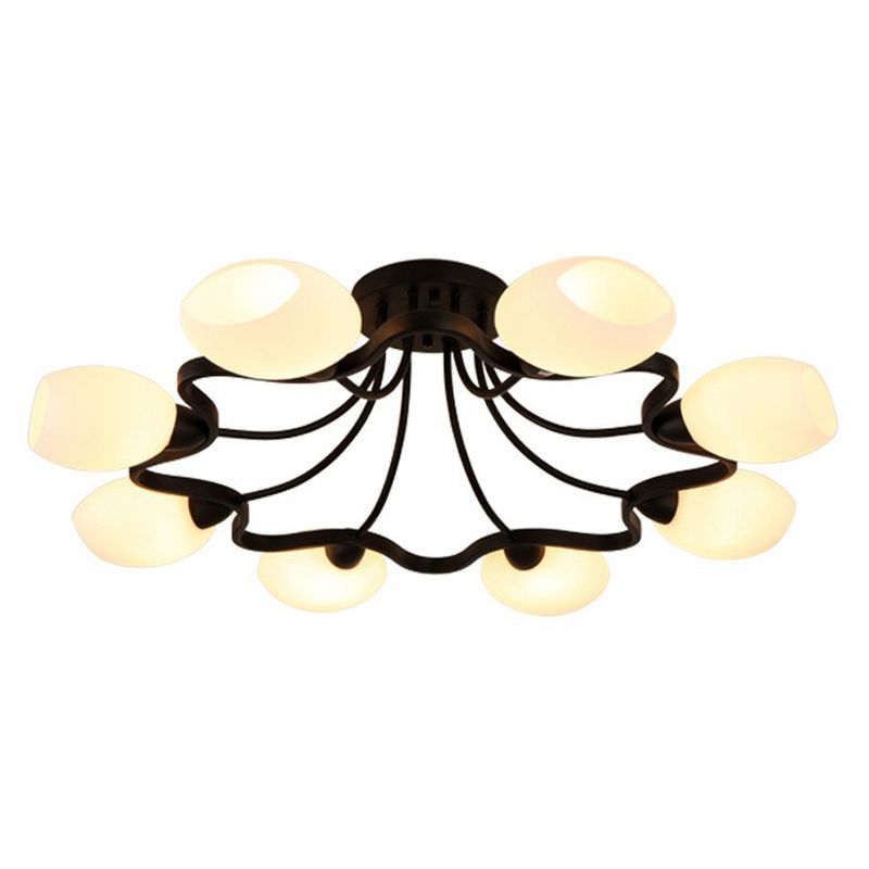 Black Semi Flush Light Rustic Cream Glass Bell Flush Mount Ceiling Chandelier for Living Room