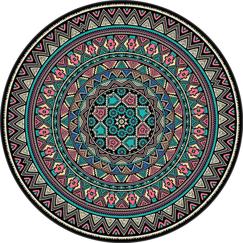 Round Multicolor Flower Print Rug Polyester Carpet Retro Anti-Slip Backing Indoor Rug for Bedroom