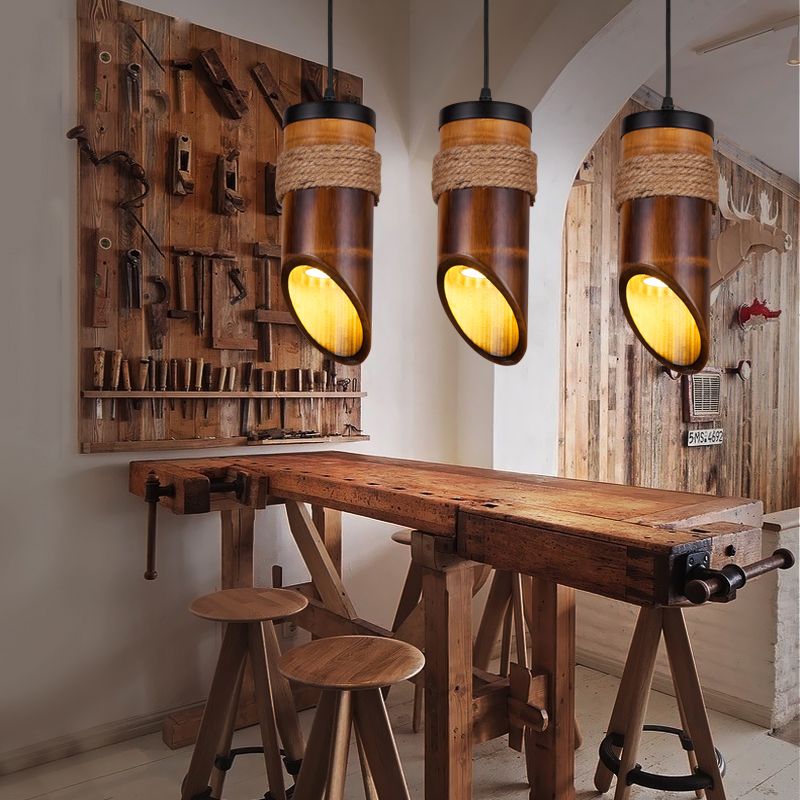 Tube Bamboo Hanging Lamp Three-light Retro Suspension Light in Brown for Dining Room