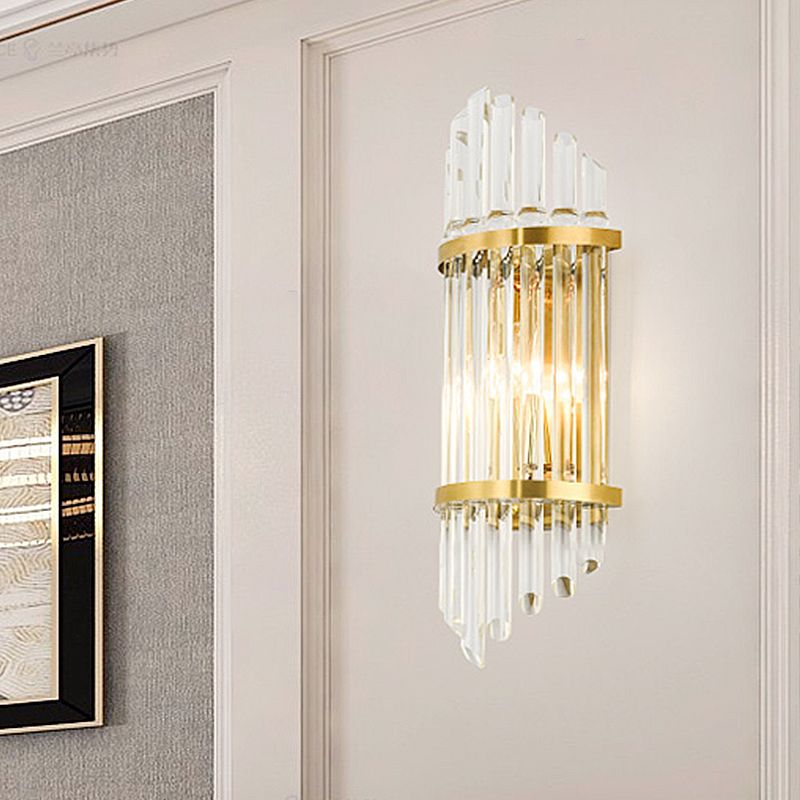 Fluted Clear Crystal Sconce Light Minimalist 2 Lights Gold Finish Banded Indoor Wall Lighting