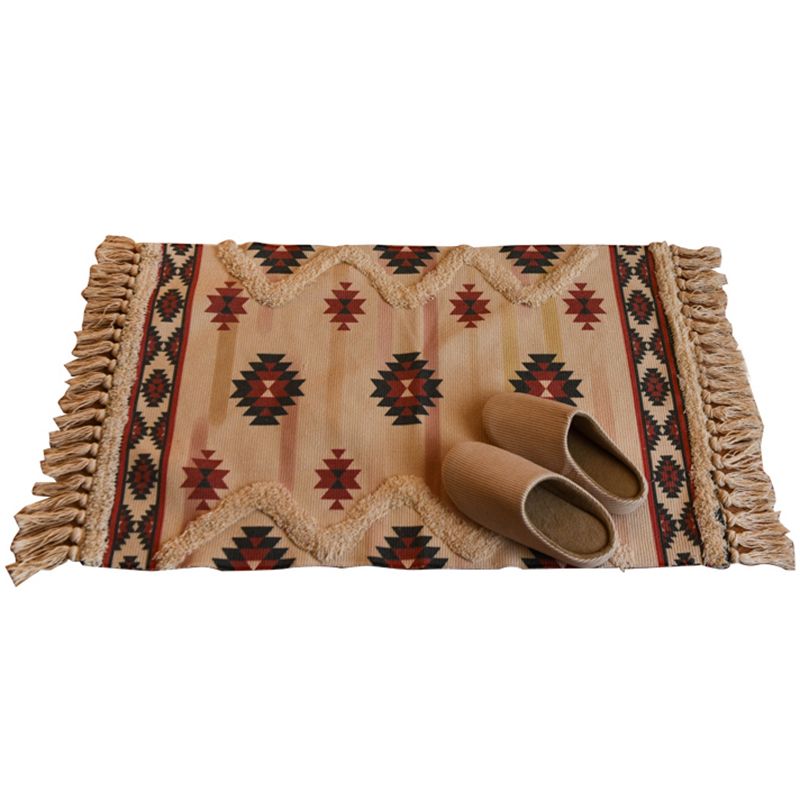 Bohemian Americana Rug Khaki Tone Cotton Blend Rug Washable Carpet with Fringe for Home Decor