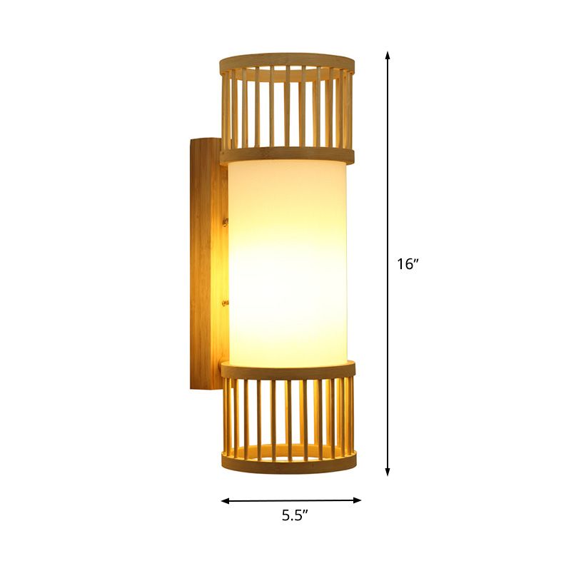 Asian Style Single Bulb Wall Lamp Sconce Beige Cylinder Wall Lighting with Wooden Shade