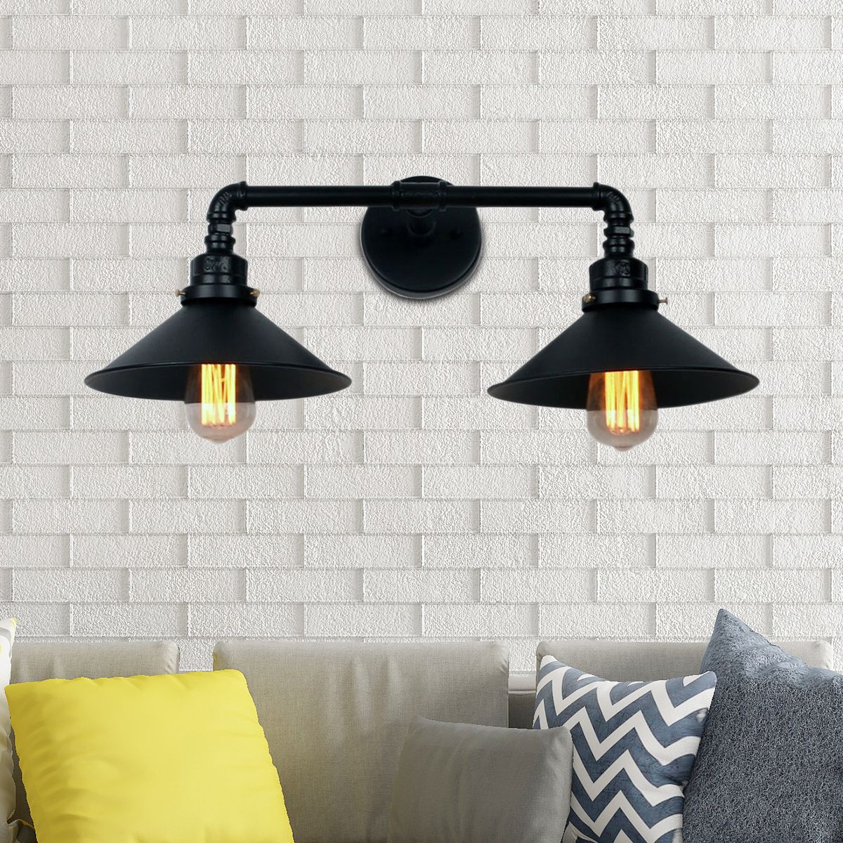 Black Cone Wall Lighting Industrial Metal 2 Lights Living Room Sconce Lamp with Round Backplate