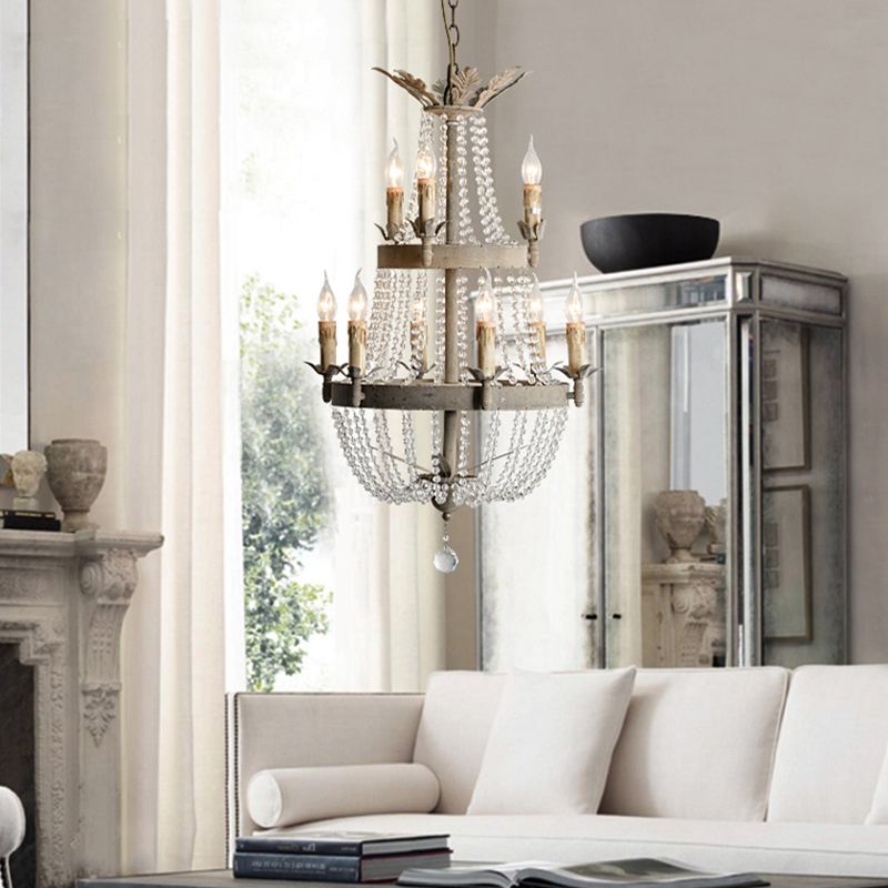 2-Tier Ceiling Chandelier Modernism Clear Crystal 9 Heads Hanging Light Fixture with Global Drop