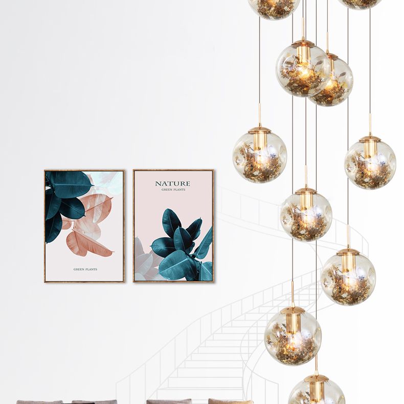Spherical 10-Light Pendant Modern Cognac Glass Stairway Multiple Hanging Lamp with Shatter Flower Inside