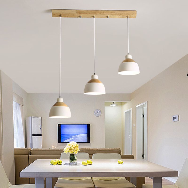 Bowled Spleißen Multi-Pendant Nordic Eisen 3 Köpfe Weiß und Holzsuspension Licht über den Tisch