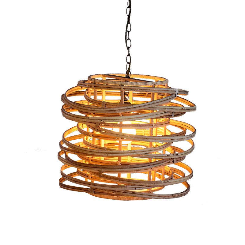 Asia 1 Head Pendant Lighting Wood Swirling Hanging Lamp Kit with Bamboo Shade for Massage House
