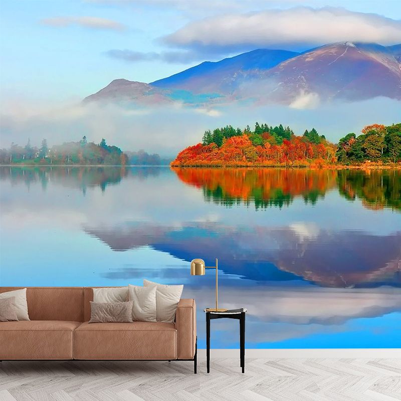 Blue Contemporary Wall Mural Big Autumn Forest by the Mirror Lake Wall Decor for Home