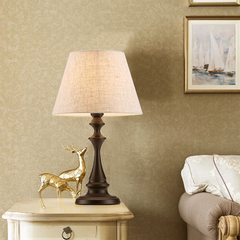 White Conic Nightstand Lamp Countryside Fabric 1 Head Family Room Table Light with Balustrade Stand