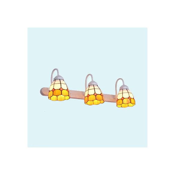 White 3 Heads Wall Light Fixture Tiffany Yellow/Blue Glass Grid Patterned Vanity Lighting