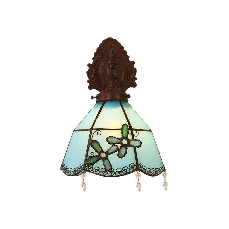 Curved Arm Wall Light Mediterranean Metal 1 Bulb Bronze Sconce with Dome Blue Glass Shade for Dining Room