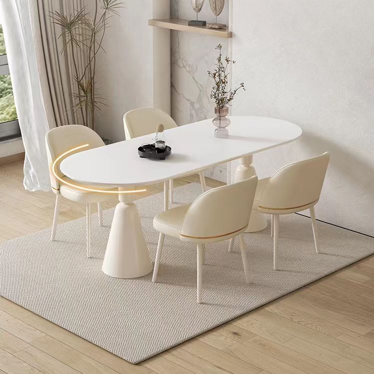 Contemporary Oval Stone Top Dining Table with White Steel Double Pedestal Base