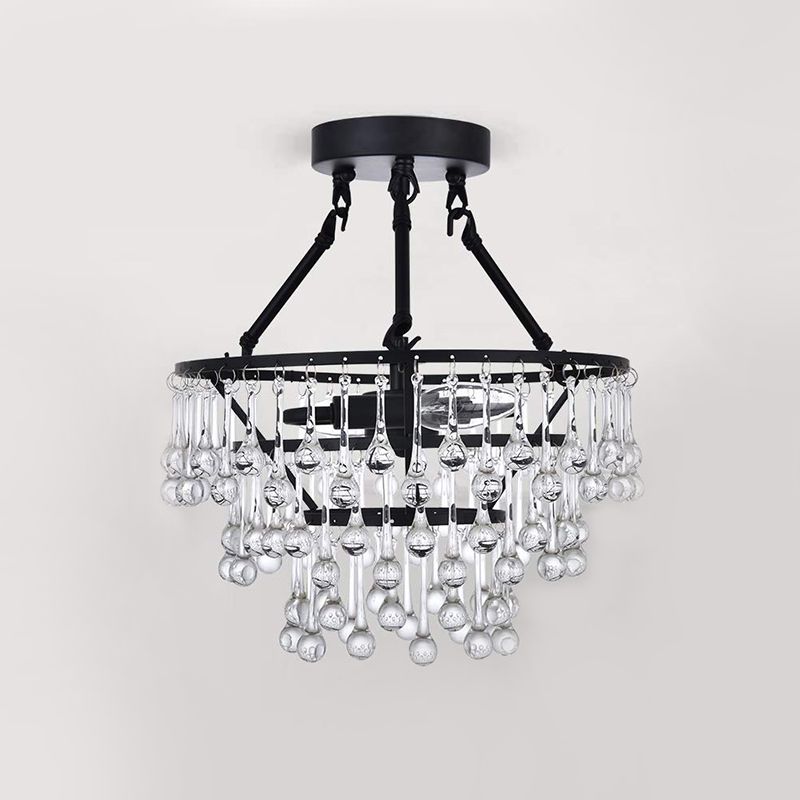 Contemporary 2 Lights Ceiling Fixture with Crystal Drip Shade Black 3-Tier Semi Flush Chandelier