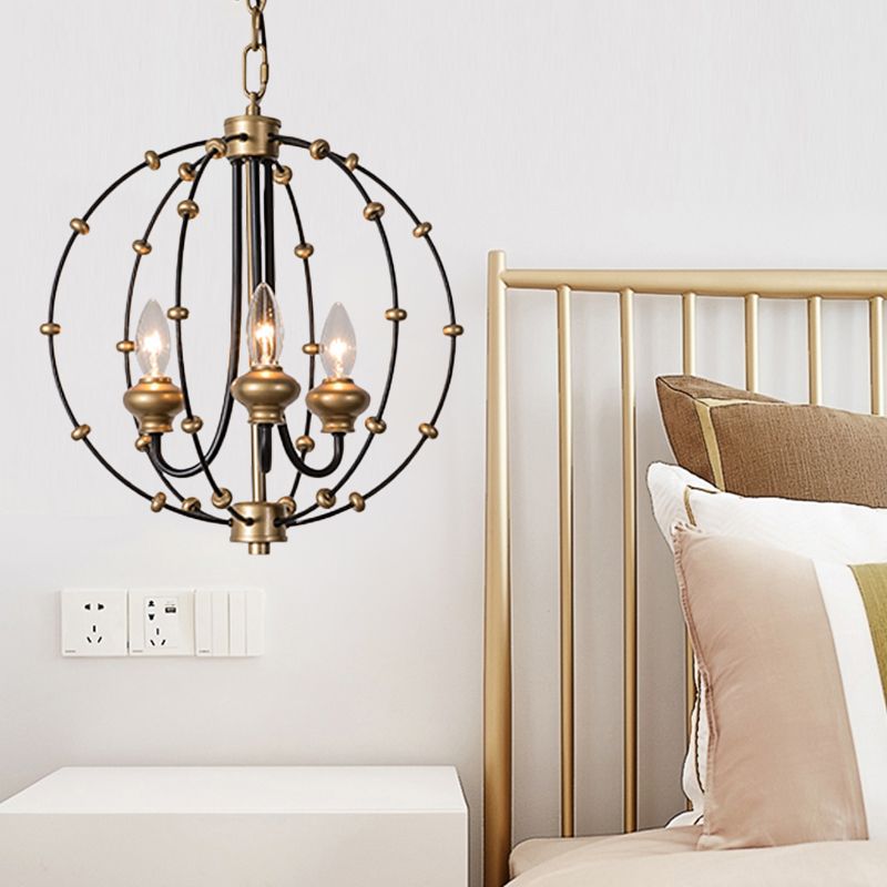 3/5 Bulbs Dining Room Ceiling Lamp Country Black Chandelier Pendant Light with Globe Metal Cage, 15"/19.5" Wide