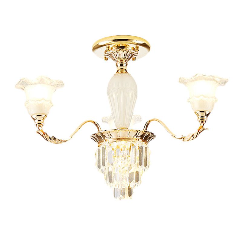 Tapered Crystal Prism Up Chandelier Modern 3/6-Light Bedroom Hanging Lamp with Ruffled Bell Frosted Glass Shade in Gold