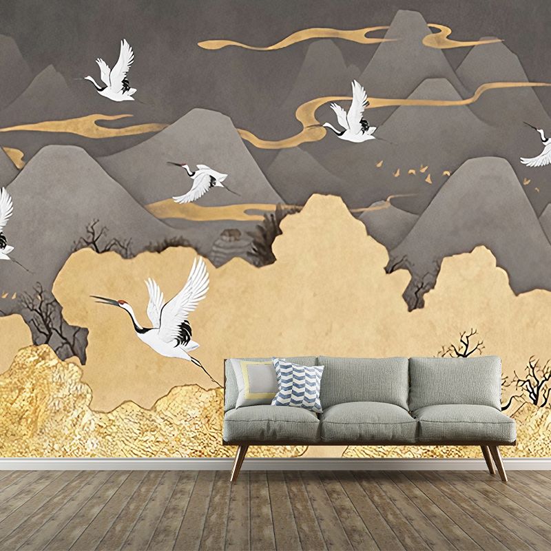 Big Crane and Mountain Mural Wallpaper in Grey and Yellow Non-Woven Fabric Wall Art for Bedroom, Custom-Made