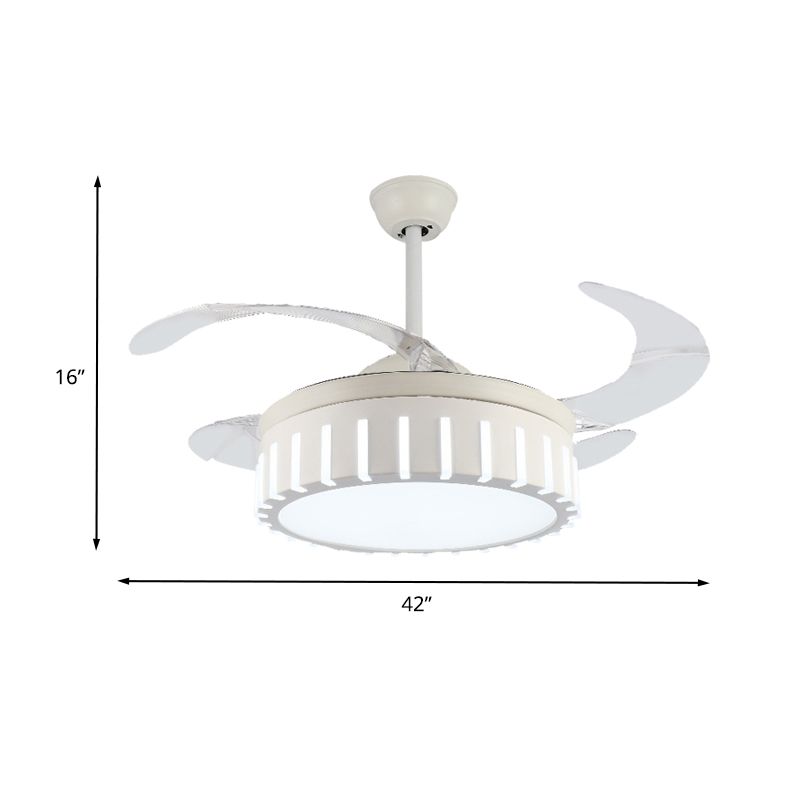 Lámpara de techo de techo semi rascilaje de tambor simple luz de abanico colgante de metal en blanco con 4 cuchillas transparentes para el dormitorio, 42 "de ancho