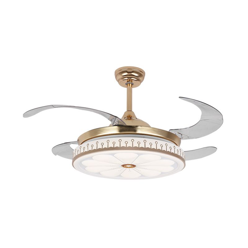 LED 42 "W Ronde ventilatorlamp Modern Gold Metal 4 Blades Semi Flush Mount Lighting voor slaapkamer, afstandsbediening/wandregeling/afstandsbediening en wandregeling