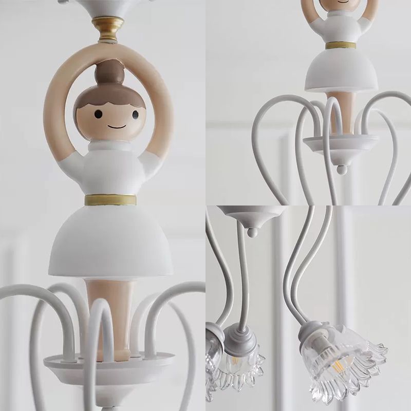 Resin Ballet Pendant Light with Flower Shade 5 Lights Creative Chandelier in White for Kindergarten