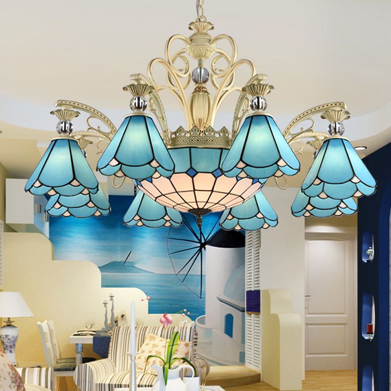 Blauw glas geschulpte kroonluchter mediterrane eetkamer plafond suspensielamp