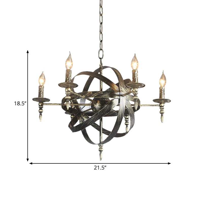Candle Metallic Chandelier Light Fixture with Spherical Cage Shade Vintage 6/8 Heads Restaurant Ceiling Light in Black/Rust