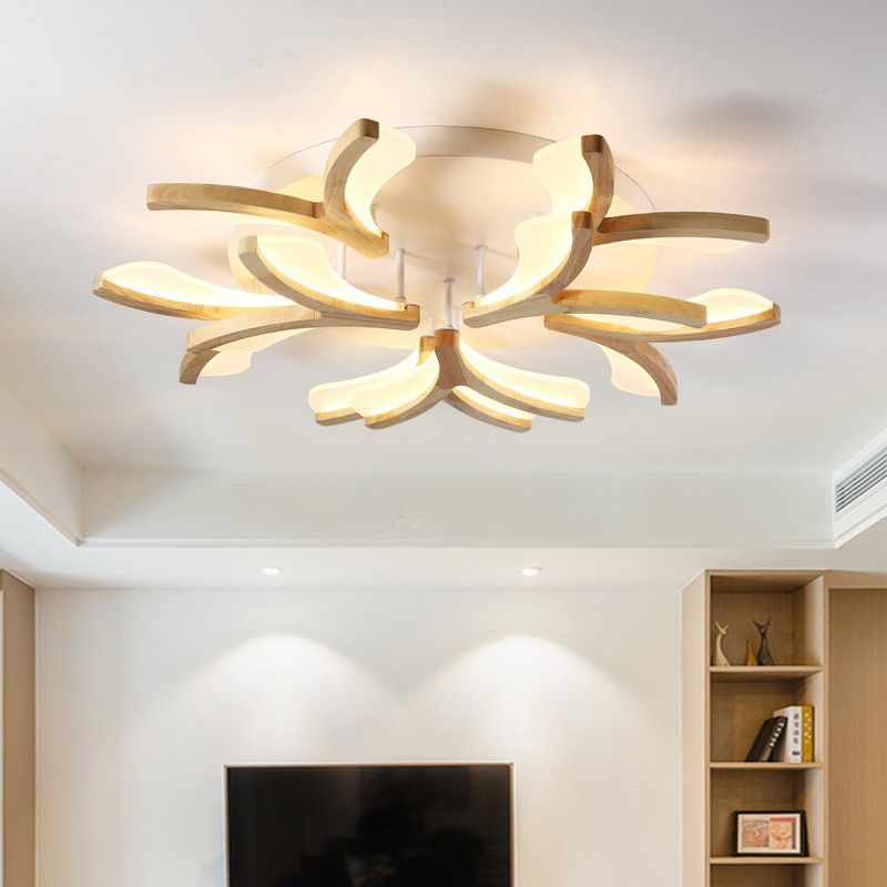 Satélite artificial de color madera cruda semiintegrado, lámpara de techo de madera moderna y simple con pantalla de acrílico