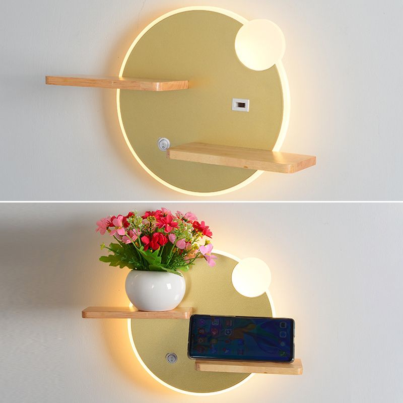 Geometric Shaped Wall Light Modern Acrylic Bedroom LED Sconce Light with Wooden Rack