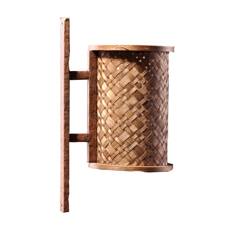 Cylinder Wall Lighting Asian Bamboo 1 Bulb Brown Sconce Light Fixture with Rectangle Backplate